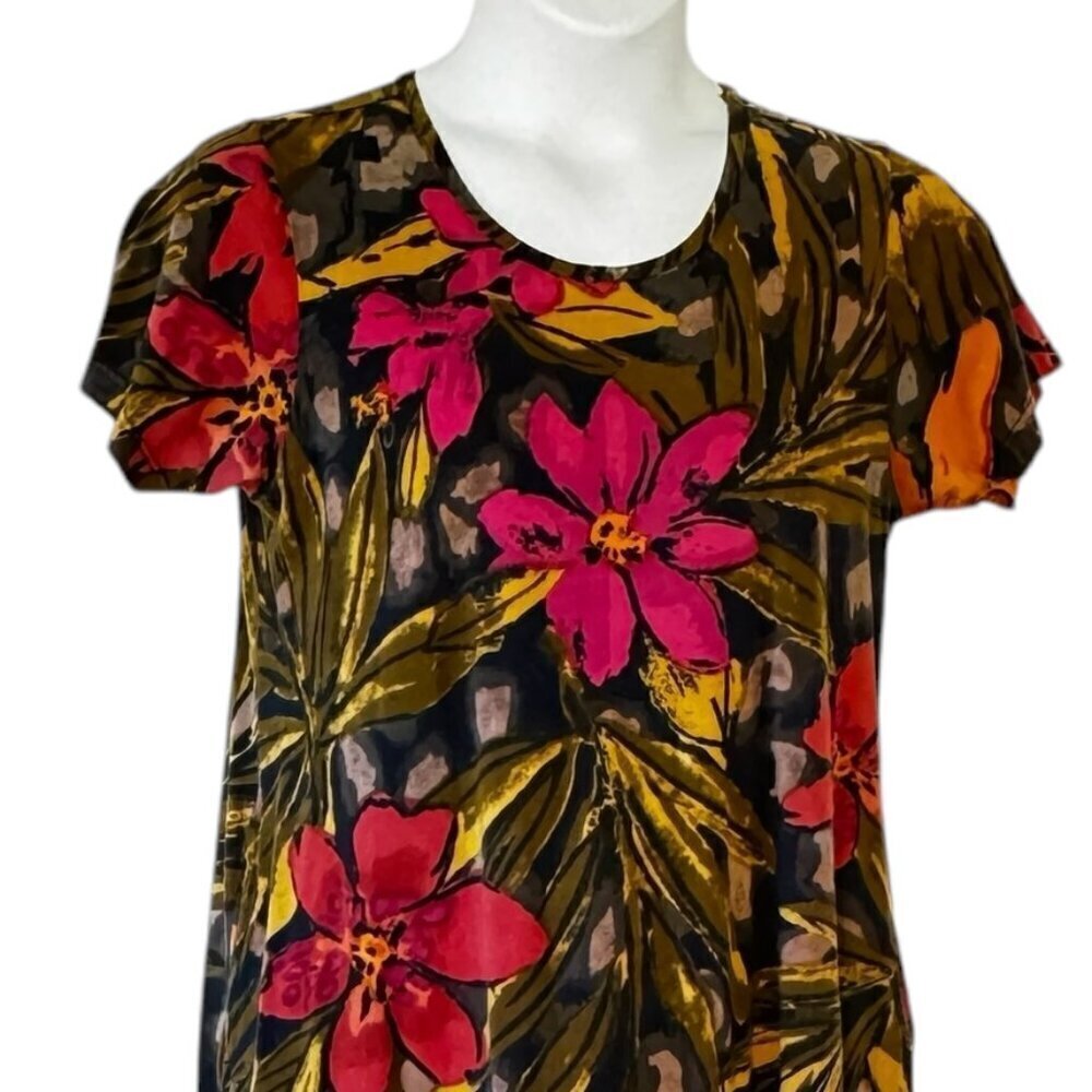 LA CERA Tee Shirt Midi Dress Dark Floral Cotton Knit Scoop Neck Side Pockets   L - Picture 3 of 7